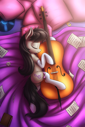 Size: 1000x1500 | Tagged: safe, artist:shydale, octavia melody, earth pony, pony, bed, cello, clothes, eyes closed, female, mare, musical instrument, pillow, sleeping, socks, solo