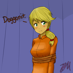 Size: 1500x1500 | Tagged: safe, artist:jaybeaniemags, applejack, human, g4, 30 minute art challenge, bondage, female, humanized, rope, rope trick, solo, tied up