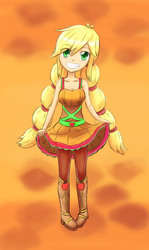 Size: 972x1627 | Tagged: safe, artist:jumboz95, applejack, equestria girls, friendship through the ages, g4, alternate clothes, alternate hairstyle, clothes, country applejack, dress, female, grin, hatless, humanized, missing accessory, sleeveless, solo, twintails