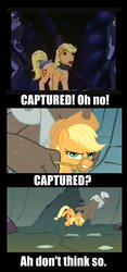 Size: 1414x3009 | Tagged: safe, artist:drproxima, edit, edited screencap, screencap, applejack, applejack (g1), diamond dog, a dog and pony show, g1, g4, rescue at midnight castle, bucking, comic, comparison, diamond dog guard, screencap comic, tied up