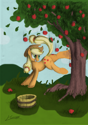 Size: 564x800 | Tagged: safe, artist:huussii, applejack, g4, apple, applebucking, applebutt, butt, colored, female, plot, solo, tree