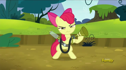 Size: 1279x717 | Tagged: safe, screencap, apple bloom, earth pony, pony, bloom & gloom, g4, season 5, bipedal, determined, discovery family, discovery family logo, female, filly, foal, game face, hoof hold, logo, narrowed eyes, pest control gear, solo, twitbuster apple bloom