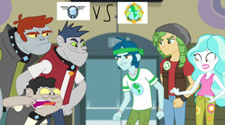 Size: 1024x571 | Tagged: safe, screencap, captain planet, fido, paisley, rover, sandalwood, spot, equestria girls, g4, my little pony equestria girls: rainbow rocks, argument, background human, diamond dudes, eco kids, gymnasium, the planeteers
