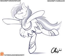 Size: 900x765 | Tagged: safe, artist:nekocrispy, rainbow dash, g4, ballerina, ballet slippers, clothes, dancing, eyes closed, female, monochrome, patreon, rainbowrina, smiling, solo, tutu