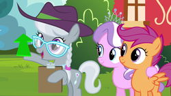 Size: 1280x720 | Tagged: safe, edit, edited screencap, screencap, diamond tiara, scootaloo, silver spoon, g4, twilight time, arrow, clipboard, upvote