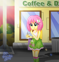 Size: 1500x1572 | Tagged: safe, artist:sumin6301, fluttershy, equestria girls, g4, alternate hairstyle, backpack, clothes, coffee, donut, eating, female, food, short hair, skirt, solo, tank top