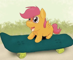 Size: 973x800 | Tagged: safe, artist:fluffsplosion, scootaloo, fluffy pony, g4, scootafluff, skateboard, this will end in tears