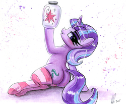 Size: 875x722 | Tagged: safe, artist:prettypinkpony, starlight glimmer, pony, unicorn, g4, the cutie map, blushing, butt, clothes, female, glimmer glutes, long eyelashes, mare, plot, s5 starlight, socks, solo, striped socks, traditional art