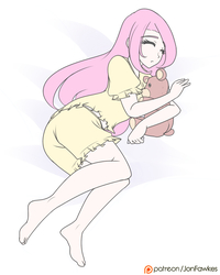 Size: 1280x1603 | Tagged: safe, artist:jonfawkes, fluttershy, human, g4, barefoot, clothes, feet, female, humanized, pajamas, plushie, sleeping, solo, teddy bear