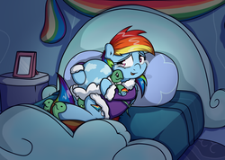 Size: 1959x1395 | Tagged: safe, artist:graphene, rainbow dash, tank, g4, tanks for the memories, banner, bathrobe, bed, clothes, dashie slippers, hug, tank slippers