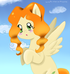 Size: 676x708 | Tagged: safe, artist:wrath-marionphauna, oc, oc only, oc:feather, pegasus, pony, blushing, looking at you, meta, musician, sky, solo, waifu