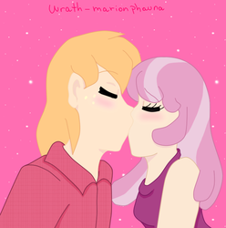 Size: 622x626 | Tagged: safe, big macintosh, cheerilee, human, g4, couple, duo, female, hearts and hooves day, humanized, kiss on the lips, kissing, male, pink background, ship:cheerimac, shipping, simple background, straight