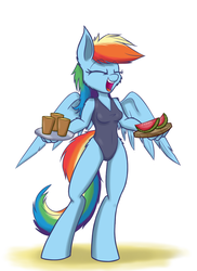 Size: 800x1100 | Tagged: safe, artist:heir-of-rick, rainbow dash, anthro, unguligrade anthro, g4, cider, clothes, female, fluffy, impossibly large ears, mug, one-piece swimsuit, solo, swimsuit, watermelon