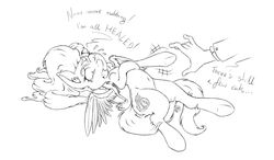 Size: 1972x1155 | Tagged: safe, artist:almar, oc, oc only, oc:anon, pegasus, pony, belly, belly button, bellyrubs, blood, crying, cut, dialogue, ear fluff, gritted teeth, hand, imminent belly rub, injured, messy mane, monochrome, non-consensual bellyrubs, on back, partial color, simple background, spread wings, sweat, sweatdrops, teeth, underhoof, waving, white background, wide eyes