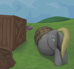 Size: 1300x1224 | Tagged: safe, artist:difetra, derpy hooves, pegasus, pony, g4, abdominal bulge, barrel, belly, big belly, bubble butt, butt, buttstuck, crate, eating, featureless crotch, female, food baby, mare, plot, round belly, sleeping, stuck, stuffed, stuffed belly, stuffing, traditional art, wingless
