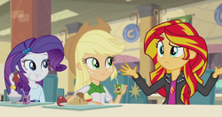 Size: 1920x1014 | Tagged: safe, screencap, applejack, rarity, sunset shimmer, equestria girls, g4, my little pony equestria girls: rainbow rocks, shrug, shrugset shimmer