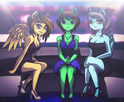 Size: 1563x1281 | Tagged: safe, artist:oatmeal, oc, oc only, oc:grace note, oc:mint mocha, oc:scribble, earth pony, pegasus, anthro, plantigrade anthro, clothes, dress, freckles, group, group photo, high heels, necklace, nightclub