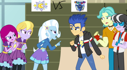 Size: 1024x571 | Tagged: safe, screencap, brawly beats, flash sentry, fuchsia blush, lavender lace, ringo, trixie, equestria girls, g4, my little pony equestria girls: rainbow rocks, argument, background human, female, flash drive (band), gymnasium, trixie and the illusions