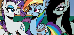 Size: 786x378 | Tagged: safe, artist:ponygoddess, idw, official comic, rainbow dash, rarity, oc, oc:sappho, friends forever #16, g4, my little pony: friends forever, spoiler:comic, comic, out of context