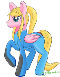 Size: 1113x1429 | Tagged: safe, artist:skittledeedoo, pony, metroid, nintendo, ponified, samus aran, solo, zero suit