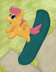 Size: 800x1030 | Tagged: safe, artist:fluffsplosion, scootaloo, fluffy pony, g4, scootafluff, skateboard, this will end in pain