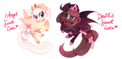 Size: 1293x630 | Tagged: safe, artist:tsurime, oc, oc only, oc:angel food cake, oc:devil's food cake, alicorn, bat pony, pony, adoptable, alicorn oc, crown, fangs, flying, freckles, heart eyes, simple background, transparent background, wingding eyes