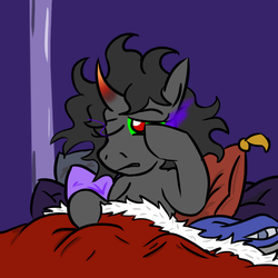 Size: 650x650 | Tagged: safe, artist:jargon scott, king sombra, pony, unicorn, g4, bed, bed mane, cute, female, mare, morning ponies, pillow, queen umbra, rule 63, rule63betes, sheet, sleepy, solo, umbradorable, waking up