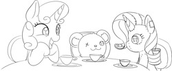 Size: 1280x532 | Tagged: safe, artist:mcsadat, rarity, sweetie belle, g4, female, lineart, monochrome, plushie, solo, tea party, teddy bear