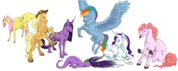 Size: 2000x800 | Tagged: safe, artist:celdragon, applejack, fluttershy, pinkie pie, rainbow dash, rarity, spike, twilight sparkle, classical unicorn, g4, horn, leonine tail, mane seven, mane six, realistic