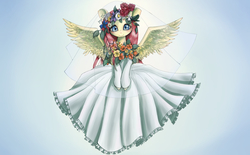 Size: 3236x2000 | Tagged: safe, artist:unousaya, fluttershy, anthro, g4, arm hooves, bride, clothes, dress, female, high res, solo, wedding dress