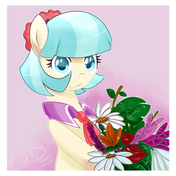 Size: 1613x1614 | Tagged: safe, artist:xwhitedreamsx, coco pommel, earth pony, pony, g4, cocobetes, cute, female, flower, gradient background, mare, solo