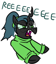 Size: 433x493 | Tagged: safe, artist:jargon scott, queen chrysalis, changeling, g4, angry, chreeeesalis, clothes, dork, dorkalis, fangs, female, glare, glasses, high ponytail, open mouth, pepe the frog, ponytail, reeee, screaming, simple background, solo, sweater, turtleneck, white background