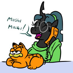 Size: 512x507 | Tagged: safe, artist:jargon scott, queen chrysalis, changeling, changeling queen, nymph, g4, adorkable, clothes, cute, cutealis, dialogue, dork, dorkalis, female, garfield, glasses, high ponytail, japanese, male, moshi moshi, phone, ponytail, solo, sweater
