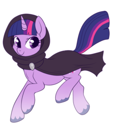 Size: 555x607 | Tagged: safe, artist:lulubell, twilight sparkle, g4, cloak, clothes, female, hood, raised hoof, raised leg, simple background, smiling, solo, transparent background, unshorn fetlocks, wraith