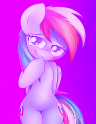 Size: 2100x2700 | Tagged: safe, artist:heavymetalbronyyeah, edit, rainbow dash, pegasus, pony, semi-anthro, g4, abstract background, belly button, bipedal, blushing, both cutie marks, cute, dashabetes, female, gradient background, high res, hoof over mouth, lip bite, mare, solo