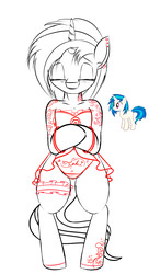 Size: 3480x6400 | Tagged: safe, artist:saddnesspony, dj pon-3, vinyl scratch, pony, unicorn, semi-anthro, g4, arm hooves, body writing, clothes, dress, ear piercing, eyes closed, garter, piercing, solo, wip