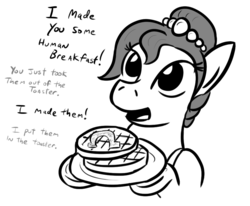 Size: 957x789 | Tagged: safe, artist:jargon scott, oc, oc only, oc:brownie bun, apron, clothes, cute, dialogue, monochrome, open mouth, plate, smiling, waffle