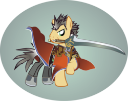 Size: 717x569 | Tagged: safe, artist:pony volcano pizza, pony, auron, final fantasy, final fantasy x, mouth hold, ponified, simple background, solo, sword, transparent background, vector, video game