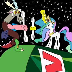 Size: 1100x1100 | Tagged: safe, artist:chrysta, discord, princess celestia, g4, cotton swab, duel, in space, meta, mountain dew, silly, trogdor