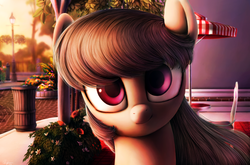 Size: 1366x900 | Tagged: safe, artist:chryseum, octavia melody, earth pony, pony, g4, beautiful, bush, bust, chair, cobblestone street, column, detailed, female, fence, flower, lamppost, looking at you, mare, outdoors, plant, sett street, smiling, solo, sunset, table, technically advanced, trash can, tree, umbrella