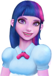 Size: 425x621 | Tagged: safe, artist:mentalmongloid, twilight sparkle, equestria girls, g4, blouse, bowtie, breasts, bust, clothes, female, hair, head tilt, makeup, open mouth, open smile, puffy sleeves, simple background, smiling, solo, teenager, white background