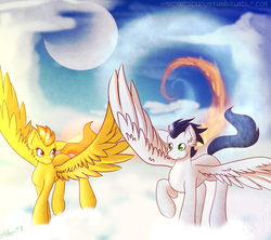 Size: 2250x2000 | Tagged: safe, artist:silverfox057, soarin', spitfire, g4, female, high res, male, ship:soarinfire, shipping, spread wings, straight