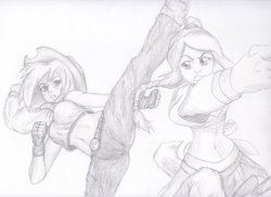Size: 1024x746 | Tagged: safe, artist:sapiking, applejack, human, g4, avatar the last airbender, crossover, fight, humanized, monochrome, traditional art, ty lee