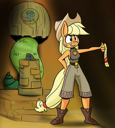 Size: 900x1000 | Tagged: safe, artist:heir-of-rick, applejack, earth pony, anthro, daily apple pony, g4, clothes, element of honesty, element of loyalty, elements of harmony, indiana jones, lip bite, tomb