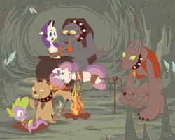 Size: 3500x2787 | Tagged: dead source, safe, artist:sony-shock, fido, rarity, rover, spike, spot, sweetie belle, diamond dog, pony, g4, bad end, bondage, bound, carnivore, carrot, cauldron, cooked alive, cooking, female, fire, food chain, high res, imminent vore, knife, literal spitroast, male, mare, peril, person as food, pot, predator, prey, rope, scared, sharpening, story in the source, teary eyes, victorious villain