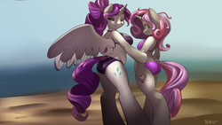 Size: 1920x1080 | Tagged: safe, artist:noben, rarity, sweetie belle, alicorn, anthro, unguligrade anthro, g4, alicornified, alternate cutie mark, ass, beach, bikini, breasts, butt, clothes, female, older, race swap, raricorn, swimsuit, wallpaper, wallpaper for the fearless