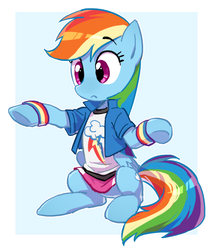 Size: 518x603 | Tagged: dead source, safe, artist:baekgup, rainbow dash, pegasus, pony, g4, butt wings, clothes, cute, cutie mark on clothes, dashabetes, equestria girls outfit, eyebrows, eyebrows visible through hair, female, folded wings, human pony dash, ponified, ponified humanized pony, rainbow dash always dresses in style, sitting, skirt, solo, sweatband, wings