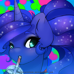 Size: 1000x1000 | Tagged: safe, artist:chocolateponi, princess luna, alicorn, pony, g4, drinking, female, looking at you, mare, solo