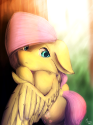 Size: 1700x2300 | Tagged: safe, artist:miarmo, fluttershy, pegasus, pony, g4, against tree, bipedal, female, floppy ears, looking at you, solo, spread wings, tree, under the tree, wings