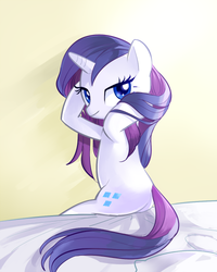 Size: 400x500 | Tagged: dead source, safe, artist:pan, rarity, pony, g4, alternate hairstyle, bed, butt, female, looking back, loose hair, plot, solo